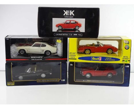 A group of 1:18 scale diecast cars by REVELL, MINICHAMPS and others - VG in G/VG boxes (5)