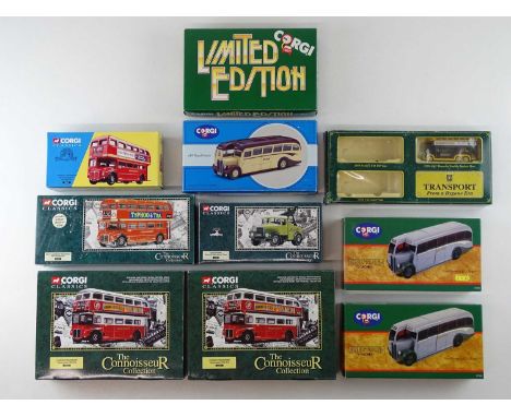 A group of CORGI CLASSICS 1:50 scale diecast bus models in various liveries together with a CORGI CLASSICS 1:50 Scale tow tru