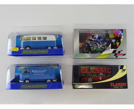 A group of SCALEXTRIC 1:32 scale slot racing vehicles - comprising a motorbike, a Formula 1 car and two VW Transporters - VG/