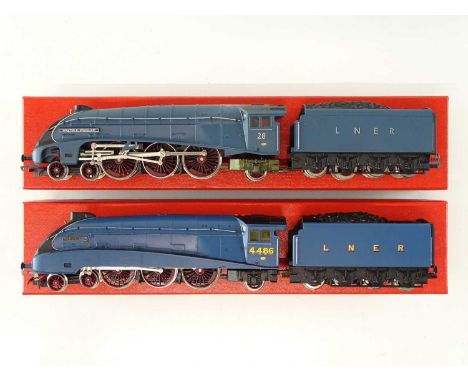 A pair of HORNBY OO Gauge Class A4 steam locomotives in LNER blue livery renumbered and renamed as 'Merlin' and 'Walter K Whi