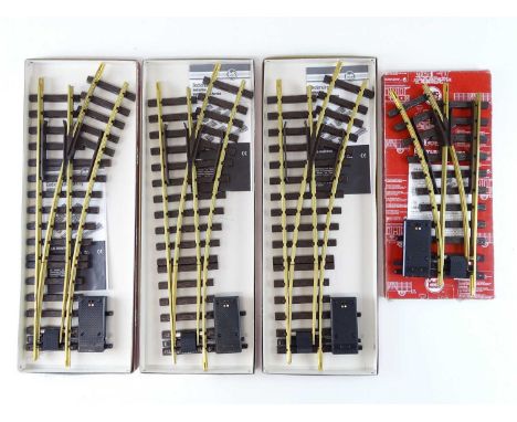 A group of LGB G scale electrically operated points comprising 1x 12150 small LH and 3x 16050 medium RH, all as new ex-shop s