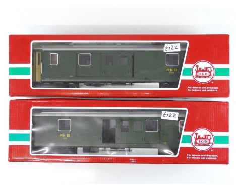 A pair of LGB G scale bogie baggage coaches in Rhatische Bahn green livery comprising 2x 33690 - VG/E in G/VG boxes (2)