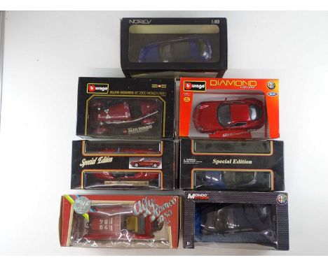 A group of 1:18 scale Alfa Romeo models by BBURAGO, NOREV and others - G/VG in G/VG boxes (7)