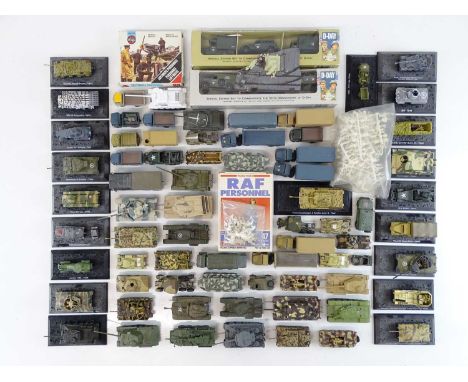 A large mixed group of mostly 1:76 Scale military tanks, vehicles and figures - mostly unboxed but together with some associa