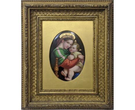An 19th century KPM Berlin portrait on porcelain of the Virgin Mother and Child, mounted within gilt frame H.14.5cm frame siz