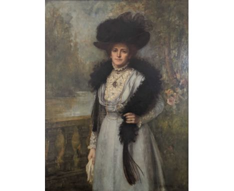 Robert Edward Morrison (1852-1925), portrait of a lady in a blue dress, oil on canvas, signed lower right R.E.Morrison and da