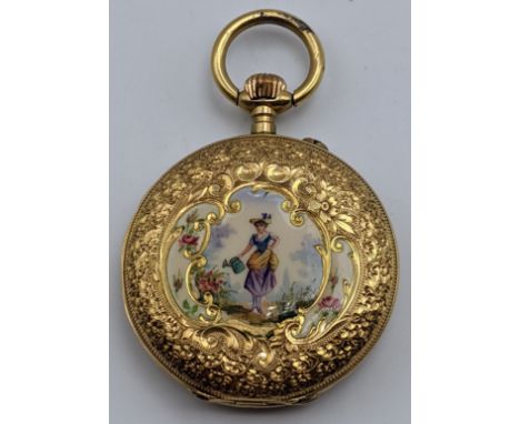 An 18ct gold Escasany Continental pocket watch, painted floral figure decor to the case, total item weight 21.8g, D.3cm
