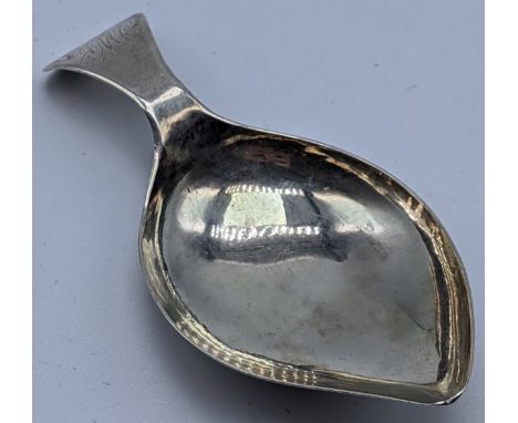 A George III silver caddy spoon by William Pitts, late 18th century, monogrammed, 9g, L.7cm