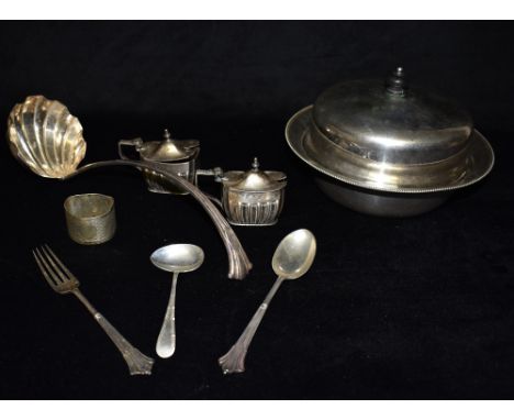 A PAIR OF SILVER MUSTARD POTS a silver fork and spoon set and a silver christening spoon, total silver weight approx. 7.9 ozt