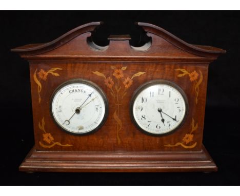 AN EDWARDIAN MARQUETRY INLAID CLOCK/BAROMETER  the enamel dials inscribed 'R L RENNISON SUNDERLAND', 33.5cm wide