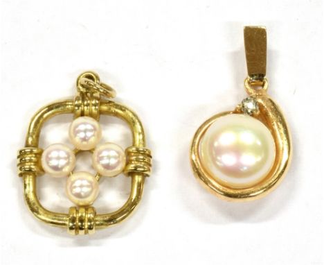 TWO SMALL CULTURED PEARL SET GOLD PENDANTS  comprising a single button shaped pearl set with very small illusion set diamond 
