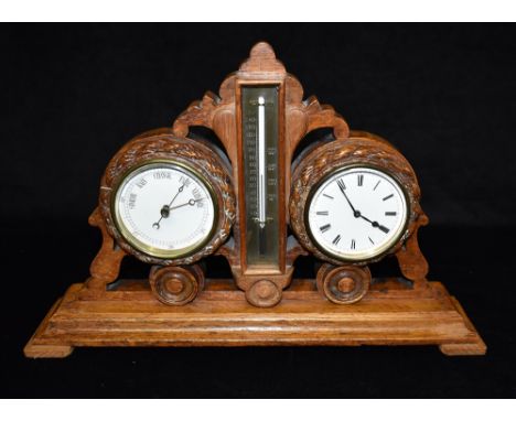 A CARVED OAK CASED CLOCK/BAROMETER/THERMOMETER  the clock and barometer with rope effect surrounds, 46cm wide 30cm high overa