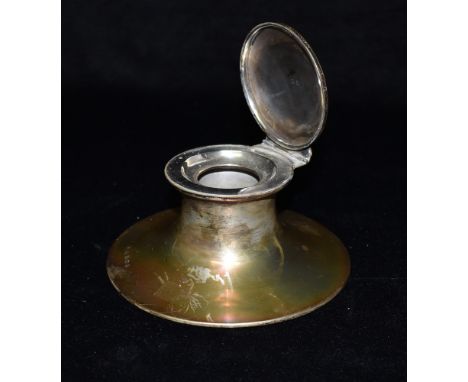 A SILVER CAPSTAN SHAPED INKSTAND  by Elkington &amp; Co the large stand of circular shape plain with hinged lid, hallmark for