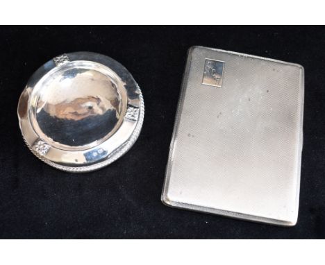TWO ITEMS OF SILVER  Comprising a cigarette case with engine turned finish and initialled Cartouche 12cms X 9cms weighing app
