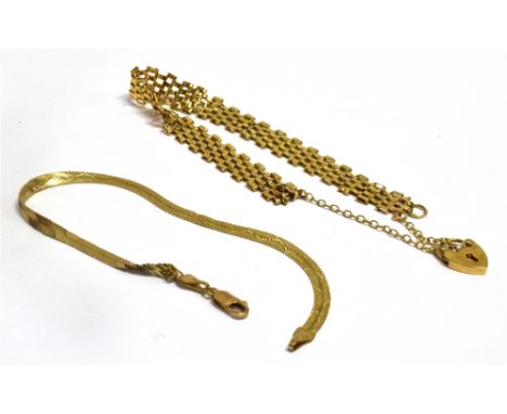 A 9CT GOLD GATE LINK BRACELET  with small padlock fastener and a safety chain, together with a 9ct gold herringbone bracelet 