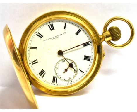 AN 18CT GOLD FULL HUNTER POCKET WATCH  by Sir John Bennett Ltd. London, white enamelled dial with subsidiary seconds dial, cr