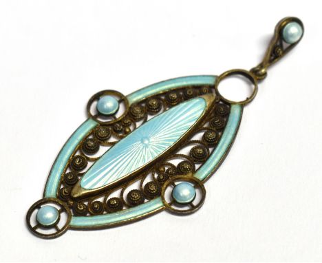 A SCANDINAVIAN SILVER AND ENAMEL PENDANT The marquise shaped pendant with turquoise guilloche enamel 5 cm long, 8305 mark. Co
