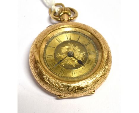 A LADIES 14 CARAT GOLD SMALL POCKET WATCH  Yellow floral engraved dial, the case scroll and floral engraved 32mm, top winding