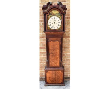 A GEORGE III 8-DAY LONGCASE CLOCK  the enamel (unsigned) dial with subsidiary seconds dial and painted decoaration to spandre