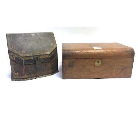 LEATHER WITH GILT DECORATION SURROUND STATIONARY BOX, together with a mahogany writing slope with black leather insert and wi