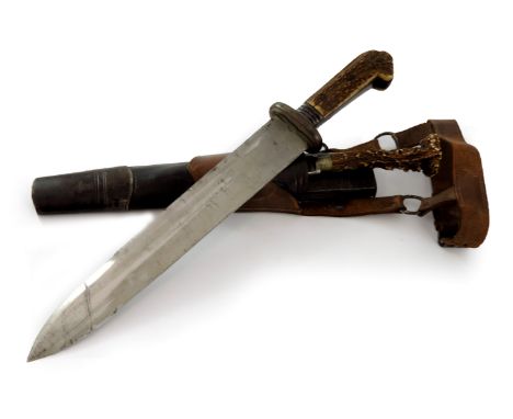 An Imperial German hunting hanger and knife, housed in metal and leather scabbard with belt, metal cross guard and stag grips