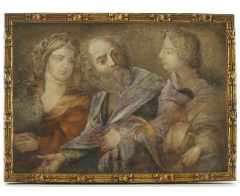 A 19th Century triple portrait miniature on ivory, three figures in classical drapery conversing, 12 by 18cm, gilt frame