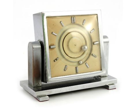 Mido, Melik, a French Art Deco satellite dial table clock, chrome plated, square section with cream dial, two rotating discs 