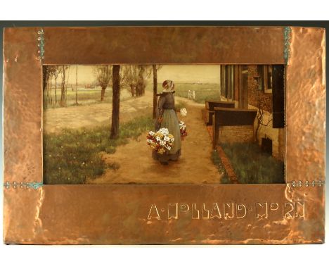 An Arts and Crafts copper picture frame and print, planished and riveted rectangular form, repousse embossed with lettering, 