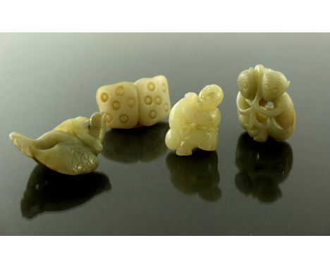 Four Chinese jade and stone carvings, modelled as animals, lotus fruit and a figure, 5cm (4)