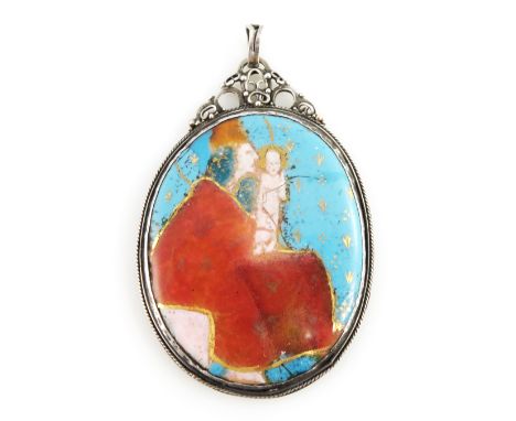 An Arts &amp; Crafts silver and polychrome enamel religious pendant, painted to depict the Madonna and child, with openwork b