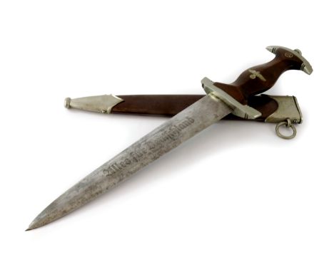 Third Reich German SA dagger with part Rohm inscription, housed in painted steel scabbard with white metal mounts, white meta