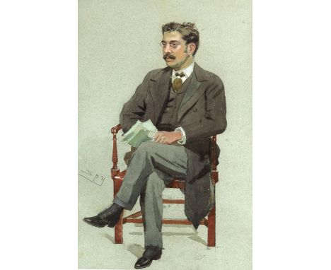 Sir Leslie Matthew Ward 'Spy' (British, 1851-1922), portrait of Clement King Shorter (1857-1926), seated holding papers, sign