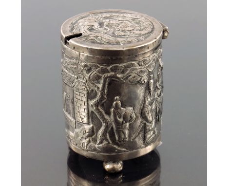 A Chinese export silver mustard pot, Luen Wo, Shanghai circa 1900, cylindrical form, embossed with Oriental figured in a gard