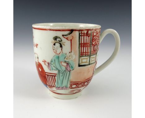 A Worcester polychrome coffee cup, circa 1770, Mandarin pattern, painted with an Oriental terrace garden scene, 6.5cm high