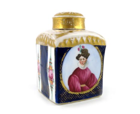 A mid 19th Century Russian hard paste tea canister and cover, of square section, painted with a circular portrait of a young 