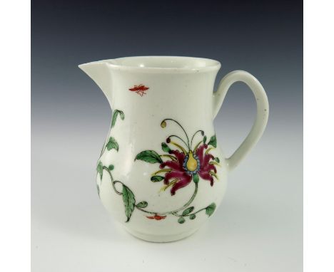 A Worcester polychrome sparrow beak jug, circa 1760, Lotus flower pattern with insects, sparrow beak baluster form, 8cm high