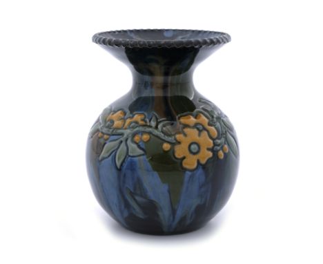 Edmund Harry Elton for Sunflower Pottery, an Elton Ware vase, spherical form with wide conical neck, marbled and relief decor