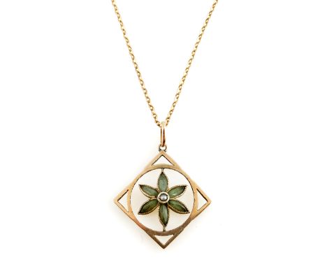 An early 20th century peridot and split pearl floral pendant, with 9ct gold trace-link chain, length of pendant 2.8cm, length