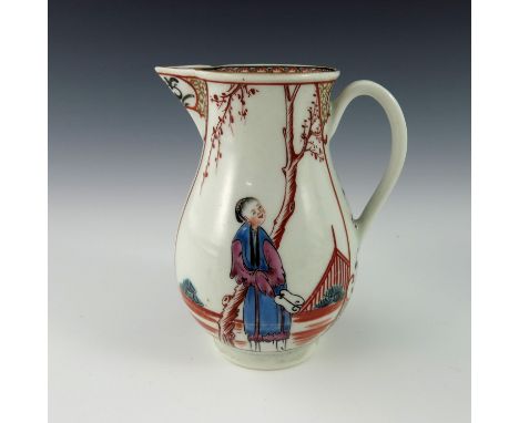 A Worcester polychrome cream jug, circa 1770, Mandarin pattern, sparrow beak baluster form, painted with panels of Oriental f