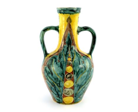 Hannah Jones for Della Robbia, a twin handled art pottery vase, shouldered form with elongated neck, sgraffito decorated with