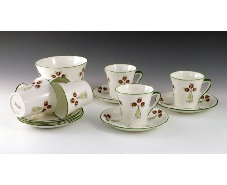 George Logan for Foley, a Glasgow School Arts and Crafts tea set, decorated with stylised roses, including six cups and sauce