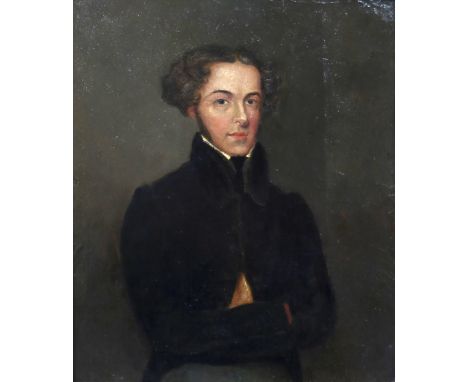 Attributed to William Moore of York (British, 19th Century), portrait of a young gentleman, half length standing with crossed