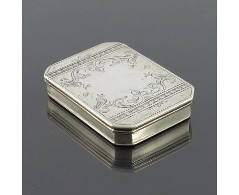 A George I silver snuff box, Edward Horne I, London 1725, chamfered rectangular section with hinged lid, engraved with folded