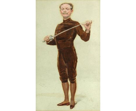 Sir Leslie Matthew Ward 'Spy' (British, 1851-1922), portrait of Egerton Castle (1858-1920), standing holding a sword, signed 