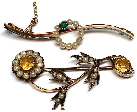 Two early 20th century gold gem-set brooches, to include a 15ct gold and platinum, emerald and seed pearl example, lengths 5.