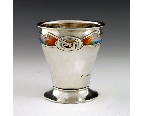 Kate Harris for G L Connell Ltd., an Arts and Crafts silver and enamelled vase, London 1906, footed ogee beaker form, embosse