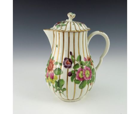 A Worcester polychrome jug and cover, circa 1770, reeded baluster sparrow beak form, painted with floral bouquets over gilt s