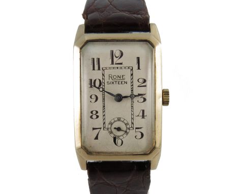 Rone, an Art Deco 9ct gold wrist watch, manual wind movement, case marked Dennison and numbered 76561, hallmarks for Birmingh