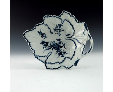 A Worcester blue and white leaf moulded pickle plate, circa 1765, Formal Rose and Tulip design, 19cm long