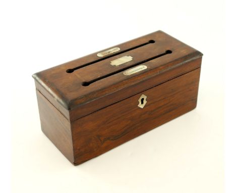 A mid Victorian rosewood table top correspondence box, circa 1860, two divisions with inset mother of pearl plaques, Answered